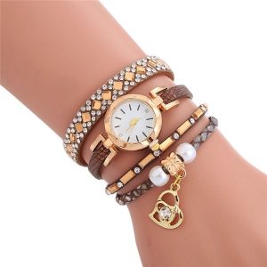 2 PCS Ladies Diamond-Studded Leather Belt Bracelet Watch With Love-Heart Shape Pendant (Brown)