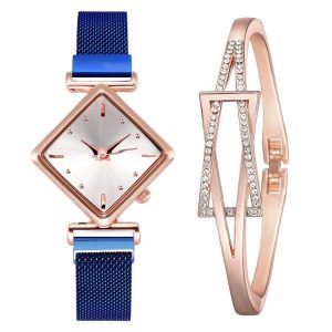 2 SET Ladies Diamond Dial Quartz Watch, Colour: Blue + Bracelet