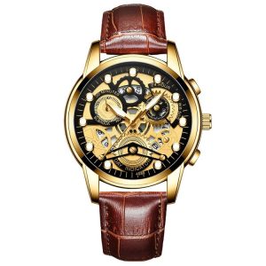 FNGEEN 4088 Men Hollow Quartz Watch Student Waterproof Luminous Watch (Brown Leather Full Gold Black Surface)