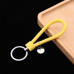 Woven Leather Cord Keychain Car Pendant Leather Key Ring Baotou With Small Round Piece (Yellow)
