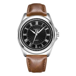 YAZOLE 336 Roman Numeral Dial Men Business Watch Luminous Quartz Watch (Silver Shell Black Tray Dark Brown Belt)