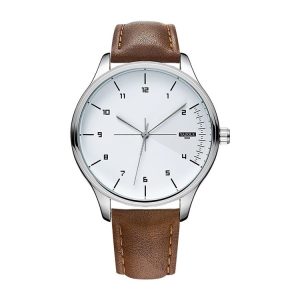 YAZOLE 502 Arabic Numerals Men Business Watch Fashion Quartz Watch (Silver Shell White Tray Brown Belt)