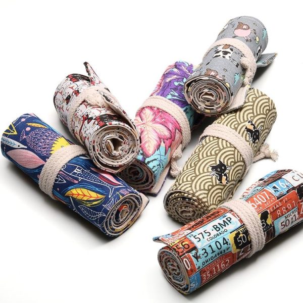 12 Holes Handmade Canvas Pen Curtain Large-Capacity Pencil Case For Boys And Girls Color Pencil Sketch Stationery Box (Clock) - Image 3