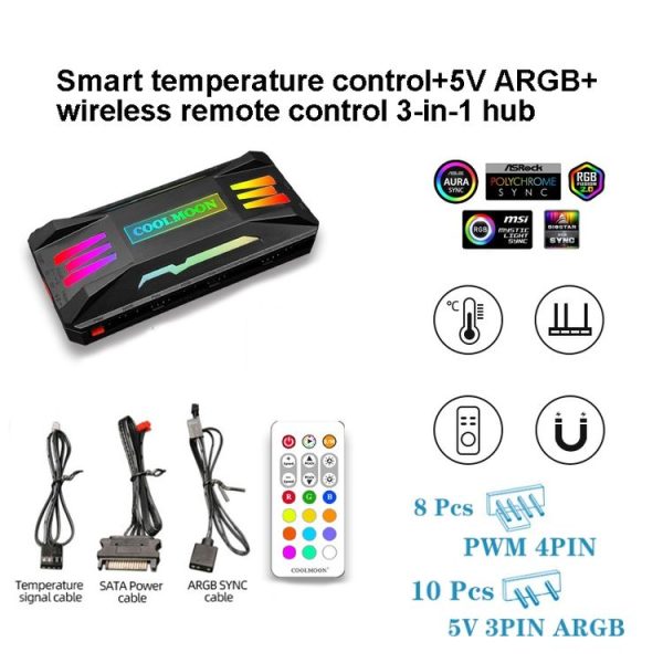 COOLMOON CM-MPAC PWM 5V ARGB Cooling Fan Remote Control For PC Case Chassis, Style: 3 in 1 Controller (Black) - Image 2
