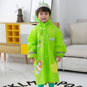 Large Hat Brim Cartoon Print Children Raincoat with Schoolbag Seat, Size: XXL (Green)