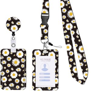 Floral Adjustable Retractable Card Holder Name Badge Work Bank Credit Card Sleeve (Black and White)