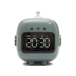 Cartoon Robot Cat Rechargeable Alarm Clock Snooze Silent Backlit Electronic Clock (Dark Green)
