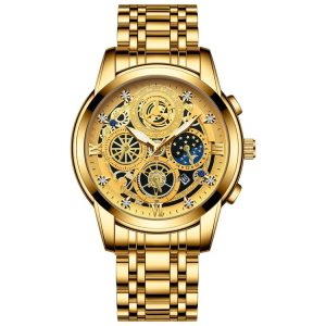 BINBOND 4010 Multifunctional Waterproof Hollowed Luminous Quartz Watch (Full Gold Gold Surface)