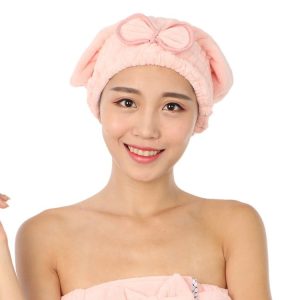 Coral Velvet Soft Absorbent Dry Cap No Hair Loss Coral Velvet Shower Cap (Wrapped Bow Pink)