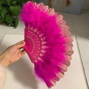 Vintage Style Flapper Hand Fan Embroidered Flower Marabou Feather Fan (Rose Red)