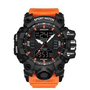 SANDA Green Light Alarm Clock Multifunctional Waterproof Shockproof Transparent Watch (Black Orange)