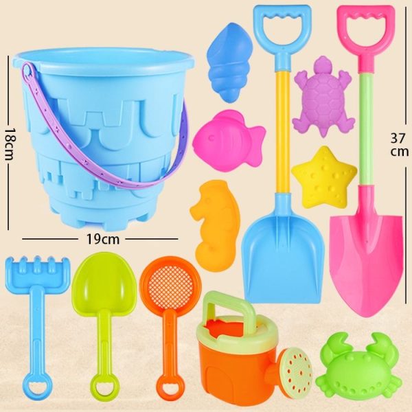 13pcs / Set Children Beach Toys Set Large Sand Shovel Bucket Sand Digging Tools Hourglass, Color: Blue Round Castle - Image 2