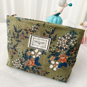 Vintage Corduroy Cosmetic Bag Flower Travel Portable Washing Bag (Floral)