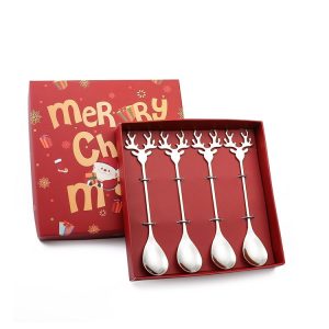 4pcs / Pack Christmas 304 Stainless Steel Deer Stirring Spoon Coffee Dessert Scoop, Color: Silver+Red Box