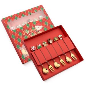 6pcs / Pack Christmas Gift Spoon Cartoon Fruit Fork Dessert Coffee Scoop, Style: Spoon Fork (Red Box)