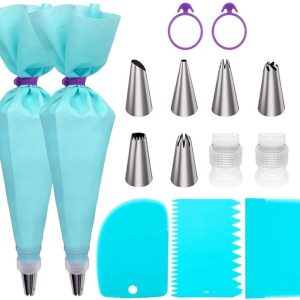 15 In 1 Silicone Icing Piping Cream Pastry Bag Stainless Steel Cake Nozzle Set (Blue)