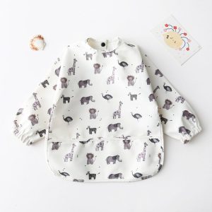Long Sleeved Baby Bib Waterproof Washable Easy Clean Smock With Pocket, Size: S (Animals)
