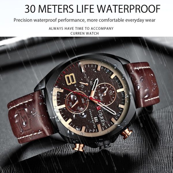 Curren 8324 Six-hand Leather Strap Waterproof Men Watch With Calendar, Color: Black Shell Coffee - Image 4