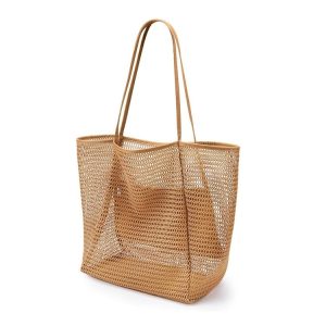 Folding Beach Bag Mesh Tote Handbag Women Shoulder Bag (Khaki)