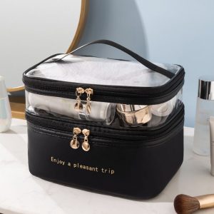 Double Layer Cosmetic Bag PU Transparent Waterproof Travel Portable Large Capacity Storage Bag (Black)