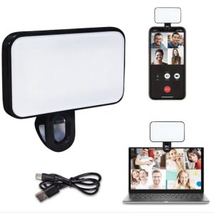 Selfie Fill Light Rechargeable 3 Color Temperature Clip On For Phone, Laptop, Tablet Meeting (Black)