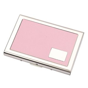Men Business Card Holder Portable Stainless Steel Credit Card Case (Pink PU Leather+Iron)
