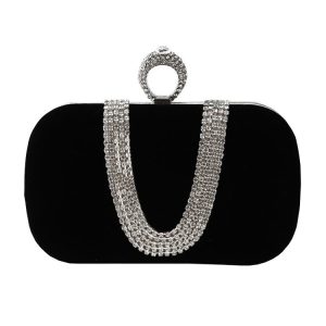 U-Shape Embellished Evening Bag Ladies Banquet Evening Clutch Bag (Black)