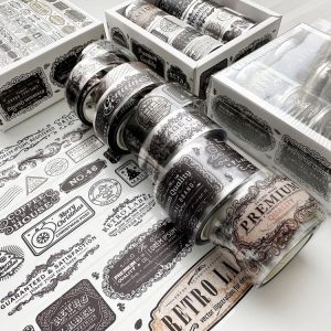 8rolls / Box Ancient Style Transparent PET Tape Set for Journaling 3cm x 2+2cm x 2+1.5cm x 4 (Badge Pattern)