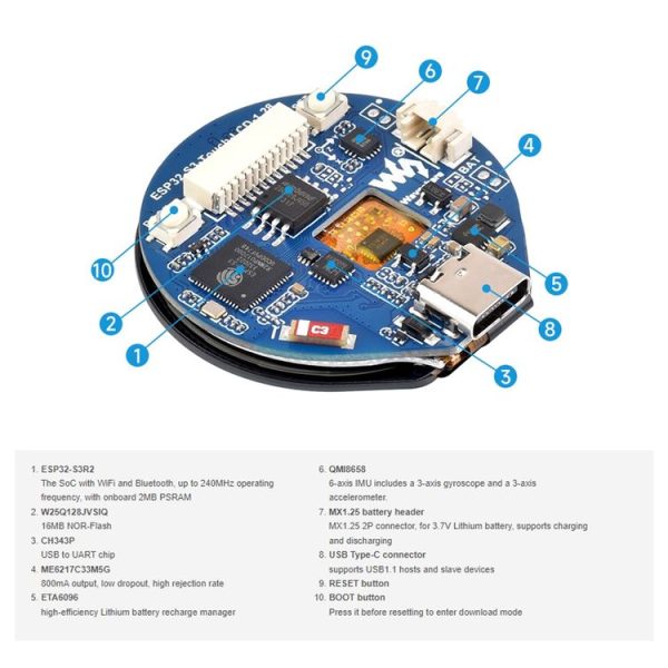 Waveshare 25098 ESP32-S3 1.28-Inch Round Touch LCD Development Board - Image 6