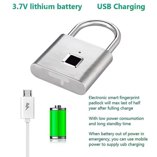 Smart Fingerprint Rechargeable Padlock Waterproof Morse Code Emergency Unlocking (Matte Silver) - Image 5