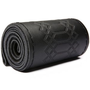 38cm Four-season Embossed Hand-sewn Cowhide Steering Wheel Cover (Black+Black Line)