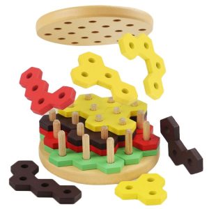 Montessori Hamburger Building Blocks Wooden Geometric Sorting Stacking Game Kids Early Learning Puzzle Toy (Colorful)