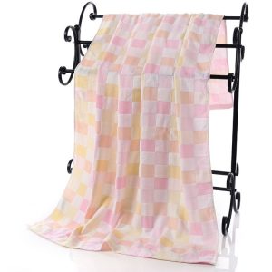 Double Gauze Cotton Bath Towel Adult Baby Water-absorbing Quick-drying Bath Towel (Pink Grid)