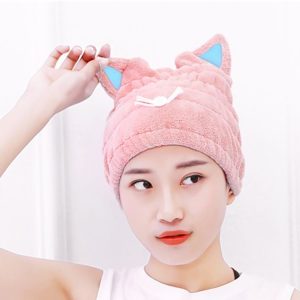 Coral Fleece Soft Absorbent Cat Ear Dry Hair Cap Thickened Adult Shower Cap (Pink)