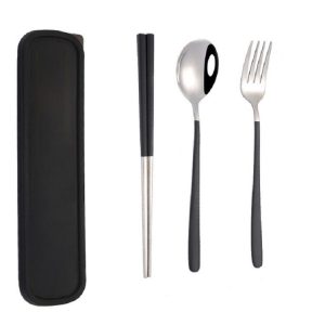 3pcs / Set Portable Stainless Steel Tableware Creative Set Chopsticks Spoon Fork Gift, Color: Black