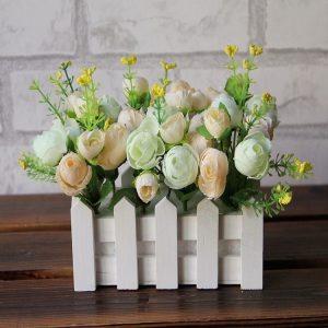 16cm Wooden Fence Small Tea Bud Garden Simulation Flower Kit Plant Pots Balcony Decor (White)