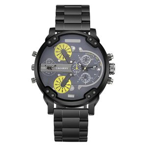 CAGARNY 6820 Fashionable Business Style Large Dial Dual Time Zone Quartz Movement Wrist Watch with Stainless Steel Band & Calendar Function for Men (Black Band Yellow Needle)