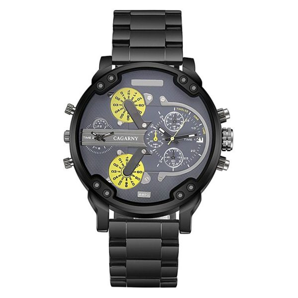 CAGARNY 6820 Fashionable Business Style Large Dial Dual Time Zone Quartz Movement Wrist Watch with Stainless Steel Band & Calendar Function for Men (Black Band Yellow Needle)