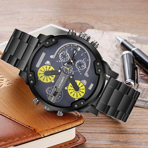 CAGARNY 6820 Fashionable Business Style Large Dial Dual Time Zone Quartz Movement Wrist Watch with Stainless Steel Band & Calendar Function for Men (Black Band Yellow Needle) - Image 3