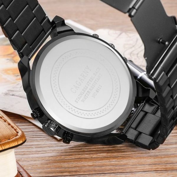 CAGARNY 6820 Fashionable Business Style Large Dial Dual Time Zone Quartz Movement Wrist Watch with Stainless Steel Band & Calendar Function for Men (Black Band Yellow Needle) - Image 5