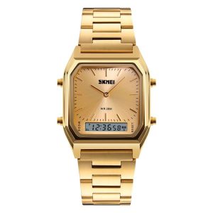 SKMEI 1220 Multifunctional Men Outdoor Business Noctilucent Waterproof Double Display Steel Watchband Wrist Watch (Gold)