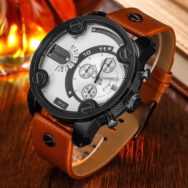 CAGARNY 6819 Fashionable Multifunctional Dual Time Zone Quartz Business Sport Wrist Watch with Leather Band & GMT Time & Calendar & Luminous Display for Men (Black Case) - Image 2