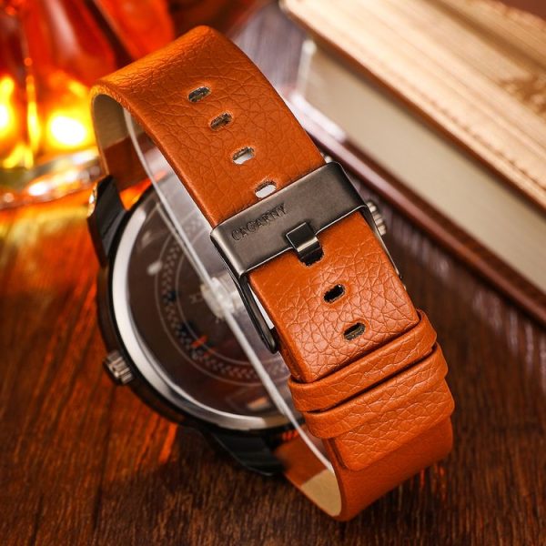 CAGARNY 6819 Fashionable Multifunctional Dual Time Zone Quartz Business Sport Wrist Watch with Leather Band & GMT Time & Calendar & Luminous Display for Men (Black Case) - Image 4