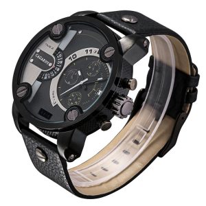 CAGARNY 6818 Fashionable DZ Style Large Dial Dual Clock Quartz Movement Sport Wrist Watch with Leather Band & Calendar Function for Men (Black Band Black Case)