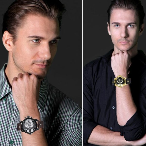 CAGARNY 6818 Fashionable DZ Style Large Dial Dual Clock Quartz Movement Sport Wrist Watch with Leather Band & Calendar Function for Men (Black Band Black Case) - Image 6