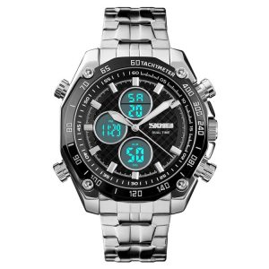 SKMEI 1302 Fashion Men Leisure Wrist Watch Multifunctional Dual-time Sports Digital Watch with Stainless Steel Watchband 30m Waterproof (Silver+Black)