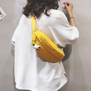 Fashion Canvas Single Shoulder Bag Waist Chest Bag Messenger Bag with Panda Doll Decoration (Color: Yellow Size: OneSize)